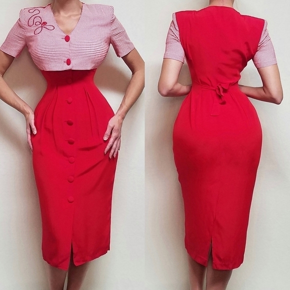 Vintage Dresses & Skirts - 𝅺BRIOCHE 80s Vintage Red Gingham Plaid Cropped Jacket Tie Pleated Wiggle Dress